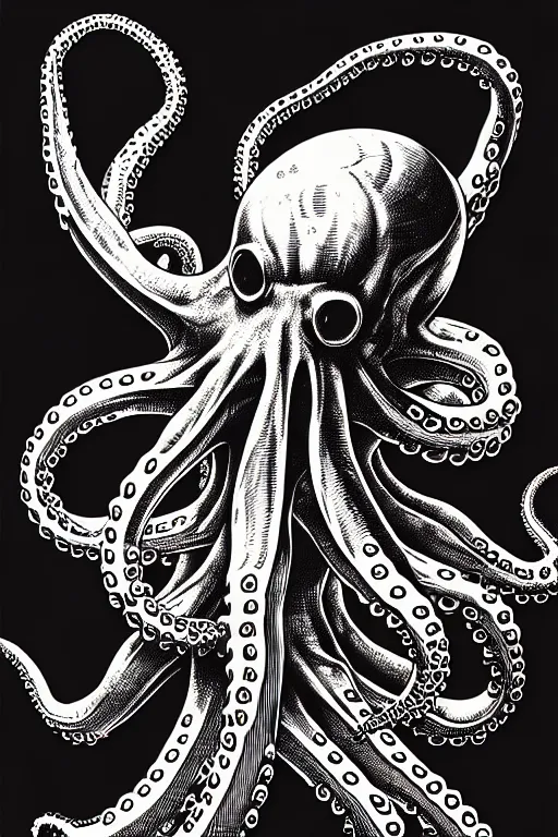 Prompt: side view of an octopus sitting on pile of skulls, high details, bold line art, by vincent di fate and joe fenton, inking, etching, screen print, masterpiece, trending on artstation, sharp, high contrast, hyper - detailed, hd, 4 k, 8 k