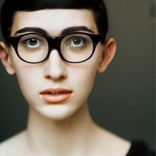 Prompt: a portrait photograph of a nerdy young woman with big glasses and a black dress, dof, sharp focus, highly detailed face, symmetric face, realistic iris, cinestill 8 0 0 t, photography by paolo roversi