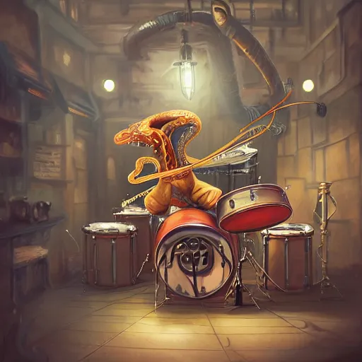 Image similar to reflected in sushi knife: fantasy steampunk Squid drummer with tentacles and frantically playing a big rock&roll drum set in the spotlight dystopian photorealistic, by Philipp A. Urlich and Pengzhen Zhang an Andreas Rocha, fantasy, intricate, elegant, highly detailed, digital painting, artstation, blender, unreal engine 5, octane render, smooth, sharp focus, illustration