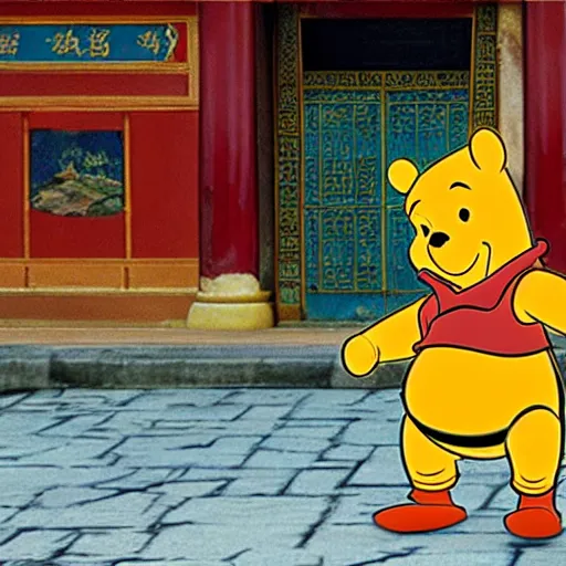 Image similar to winnie the pooh explores the forbidden city in china