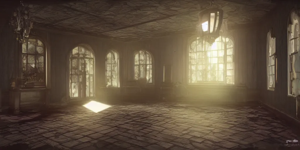Prompt: kingdom hearts twilight town mansion interior, nostalgic abandoned, sunlight streaming through the windows