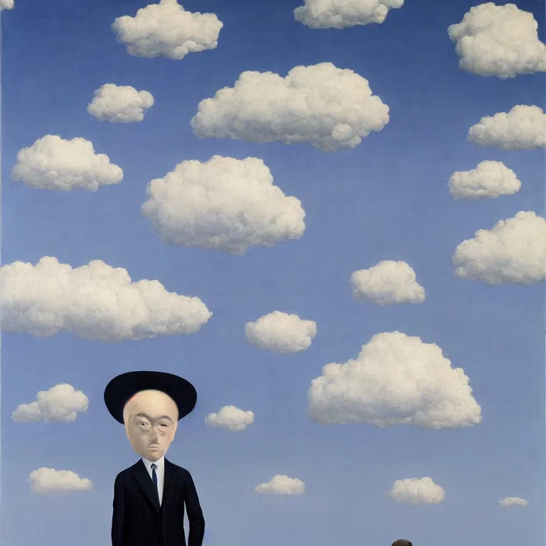 Prompt: portrait of headless man in a suit, clouds in the background, by rene magritte, detailed painting, distance, middle centered, hd, hq, high resolution, high detail, 4 k, 8 k