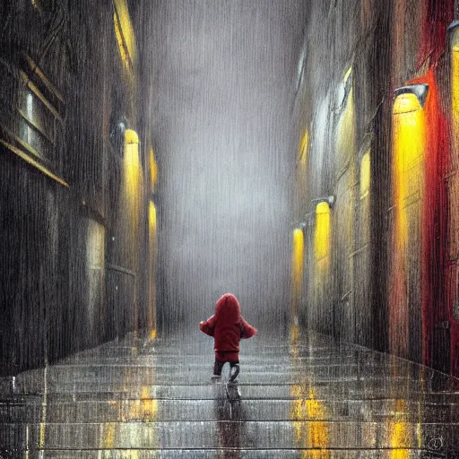 Prompt: A small child wearing a yellow rain coat walking alone in a dark alley,it is raining heavily, scary atmosphere,gloomy lighting, digital art , highly detailed , high contrast, beautiful lighting, award winning , trending on art station, 8k, photo realistic