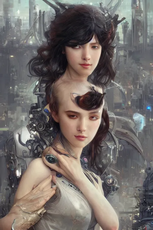 Image similar to Ultra realistic illustration, beautiful alluring female cyborg, cyberpunk, sci-fi, fantasy, intricate, elegant, highly detailed, digital painting, artstation, concept art, smooth, sharp focus, illustration, art by Yintion J - Jiang Geping and artgerm and greg rutkowski and alphonse mucha.