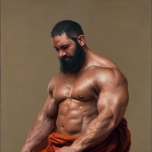 Image similar to bodybuilder bull wearing a monk robes holding incense burner. natural lighting by ruan jia, portrait