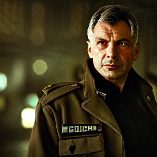 Image similar to film still blade runner with officer Deckard played by Viktor Orban