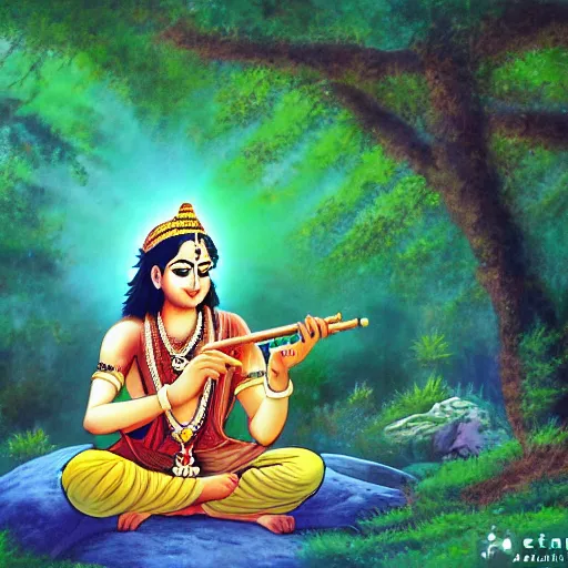 Prompt: Young Krishna playing flute in forest and all animals listen his melodious music , Zoom out ,anime style, artstation, devainart ,illustration, scenery,