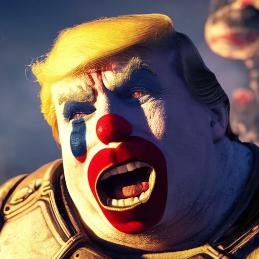 Image similar to donald trump as a clown! in gears of war, splash art, movie still, cinematic lighting, ray tracing, detailed clown face!, octane render, long lens, shallow depth of field, bokeh, anamorphic lens flare, 8 k, hyper detailed, 3 5 mm film grain