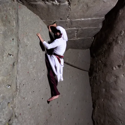 Prompt: action photo of a man in persian attire, climbing the wall of a dungeon