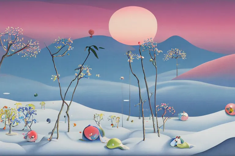 Prompt: A barren winter landscape by Chiho Aoshima and Salvador Dali