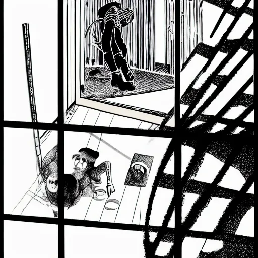 Prompt: close-up scene neighbor drilling grid holes in a room, manga, black and white manga horror in style of junji ito, kentaro miura