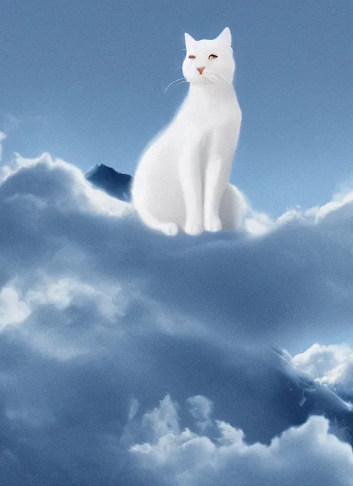 Image similar to giant little white cat on a snowy mountain with lightning coming out of its paws, blue sky background with moon