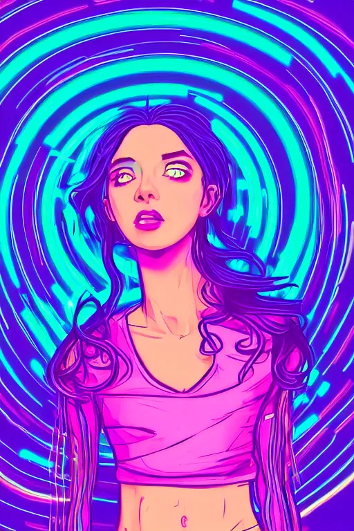 Image similar to a award winning half body portrait of a beautiful woman in a croptop and cargo pants with ombre purple pink teal hairstyle surrounded by whirling illuminated lines, outrun, vaporware, shaded flat illustration, digital art, trending on artstation, highly detailed, fine detail, intricate