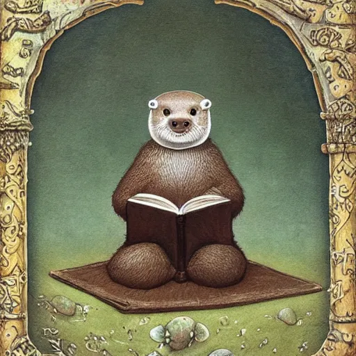 Image similar to a medieval otter abbot reading his book, fantasy concept art by nicoletta ceccoli, mark ryden, lostfish, max fleischer