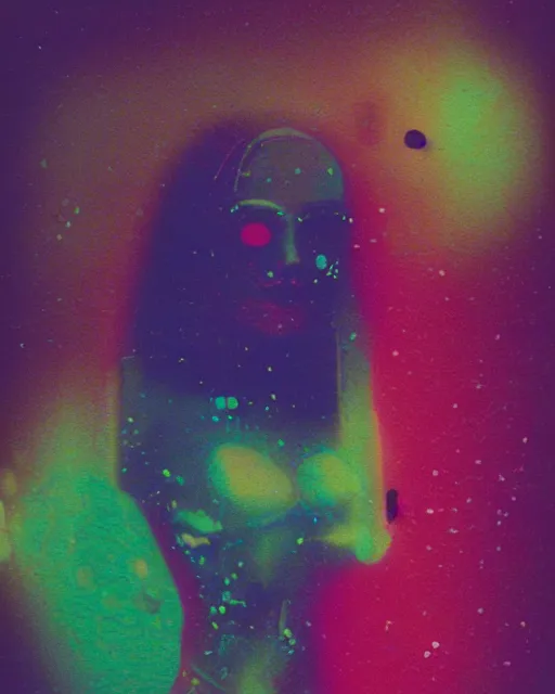 Prompt: cut and paste, serene robotic woman's face, red hair, dark makeup, violet and yellow and green and blue lighting, polaroid photo, 1 9 8 0 s, atmospheric, whimsical and psychedelic, grainy, expired film, super glitched, corrupted file, ghostly, bioluminescent glow, sci - fi, twisty