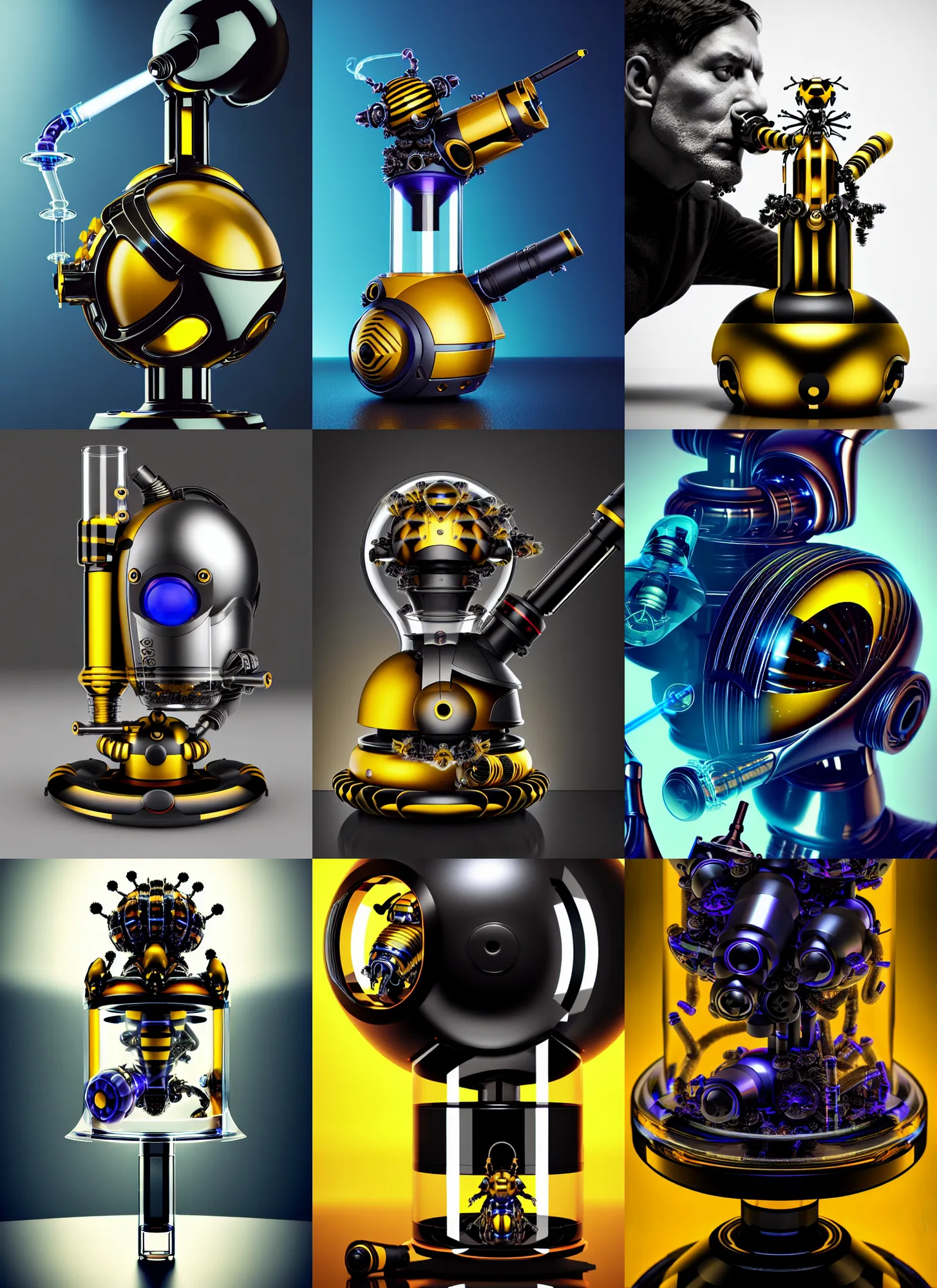 Prompt: dyson cybernetic obsidian bumblebee edm cyborg smoking elaborate biotech bong | ornate | glamorous oily soft polished rich enticing ornate modern | weta disney pixar movie still photo | hi - fructose, sci fi fantasy, golden ratio details, smooth, octane render, sharp focus, artstation, concept art | beeple, feng zhu, mucha, rutkowski |