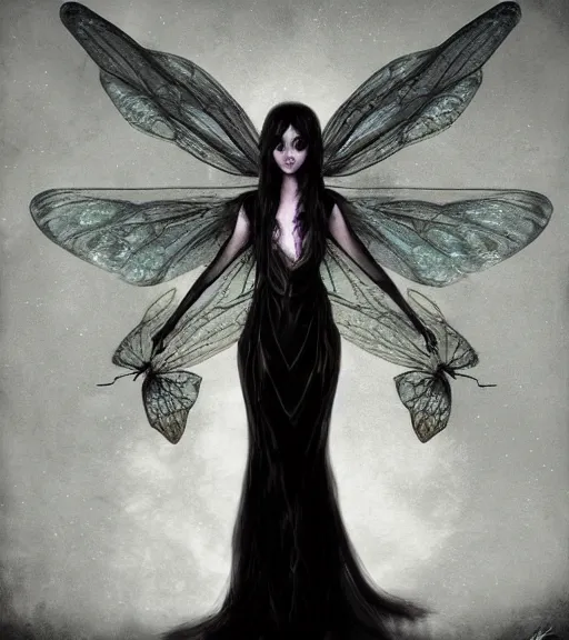 Image similar to gothic fairy with dragonfly wings, digital painting, liminal eerie midnight backlit, a picture taken by Michael Komarck