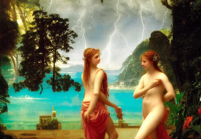 Image similar to Girl at the palace, refracted sparkles, thunderstorm, greek pool, beach and Tropical vegetation on the background major arcana sky, by paul delaroche, hyperrealistic 4k uhd, award-winning, very very very detailed