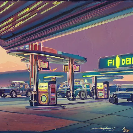 Prompt: painting of syd mead artlilery scifi gas station with ornate metal work in vintage nigeria, filigree ornaments, volumetric lights, simon stalenhag