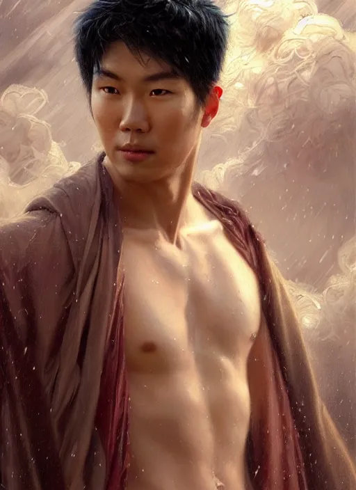 Image similar to young asian man, god of rain, flowing robes, powerful, smug expression, highly detailed painting by gaston bussiere, craig mullins, j. c. leyendecker 8 k, sparkling storm clouds