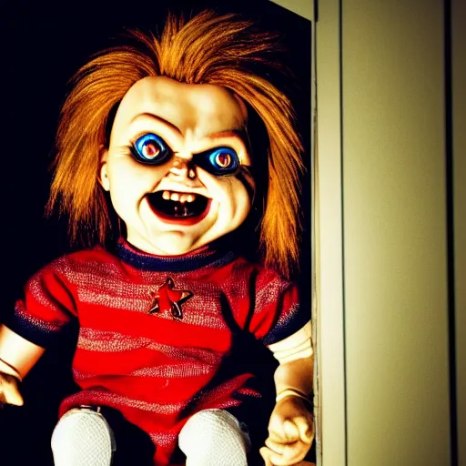 Image similar to Chucky the killer doll sitting in a dark closet with a little light shining in 8k hdr scary lighting