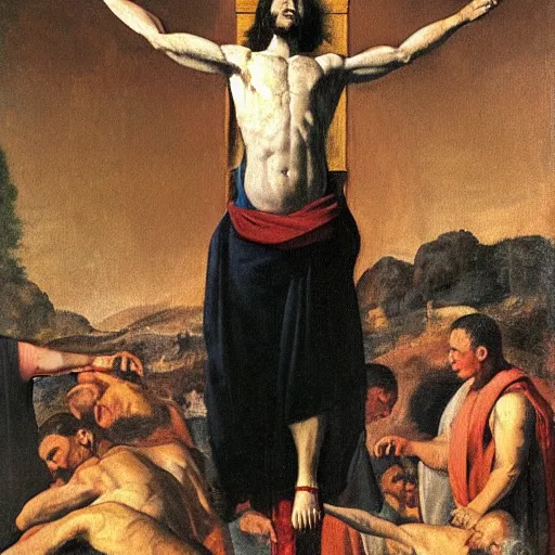 Image similar to donald trump crucified in the style of christ crucified diego velazquez, a painting of donald trump being crucified