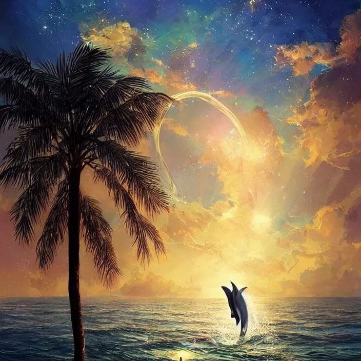 Image similar to dolphin swimming, golden hour, god rays, by artgerm and ismail inceoglu and greg olsen, palm trees, cosmos, milky way galaxy, masterpiece, beautiful, intricate, elegant, highly detailed