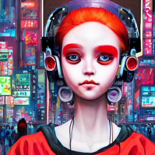 Prompt: a mannequin with a red hair and a smiley face, cyberpunk art by hikari shimoda, featured on cgsociety, pop surrealism, anime aesthetic, high detailed, detailed painting