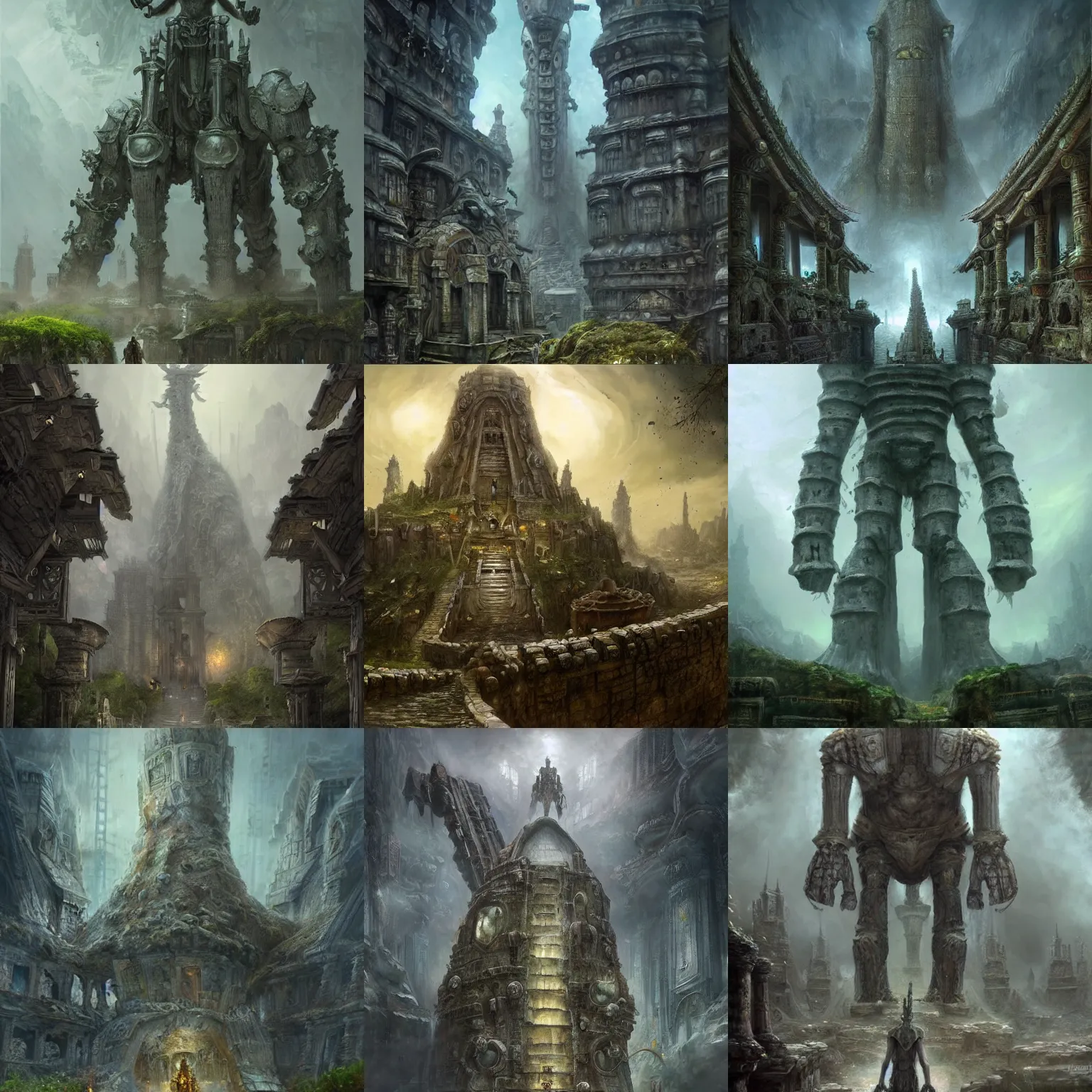 Prompt: massive iron golem guarding an ancient temple, in the style of bastien lecouffe - deharme, epic fantasy art, highly detailed and intricate, underground, depth of view, crumbled bridge in the background, moss on the walls