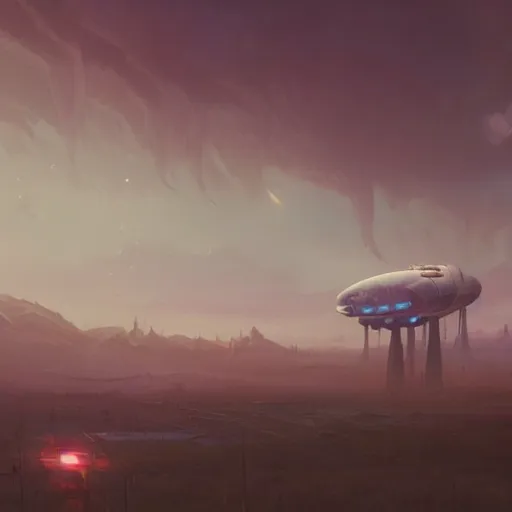 Image similar to a digital painting of a gigantic big enormous spaceship in the sky, concept art by simon stalenhag and peter mohrbacher cgsociety, vanitas, ominous, speedpainting, apocalypse art. low angle shot. unreal engine. hyper - realistic. photo realistic. octane render. detailed masterpiece. extreme wide shot.