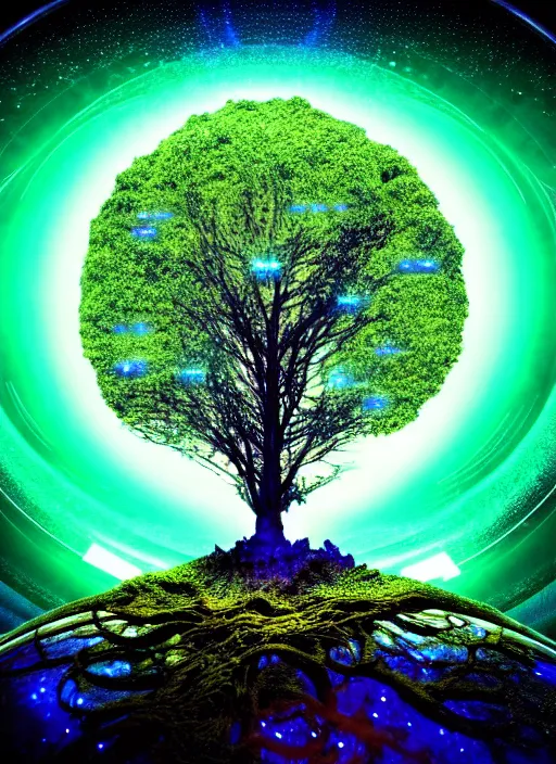 Image similar to high depth, collective civilization tree, calm, healing, resting, life, hybrids, scifi, glowing lights, published concept art, mixed medias, image overlays, sharp focus, winning illustration, eyes reflecting into eyes into infinity, singularity!!!, 3 6 0 projection, art in the style of all