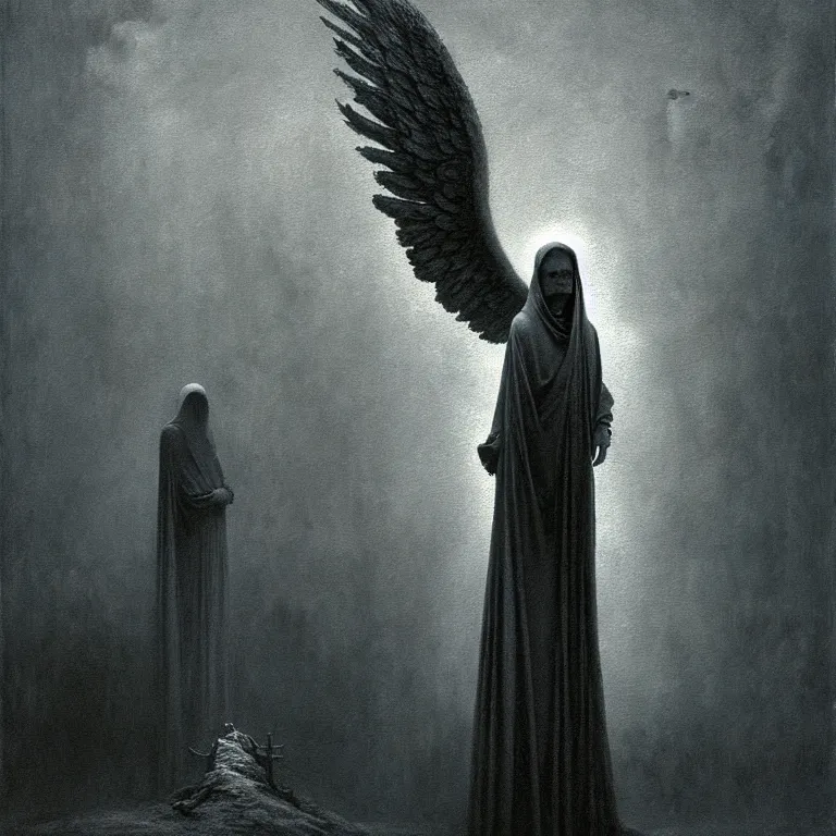 Prompt: angel of death surreal painting by Zdzislaw Beksinski, creepy dark atmosphere, baroque painting, beautiful detailed intricate insanely detailed octane render, 8K artistic photography, photorealistic, chiaroscuro, Raphael, Caravaggio