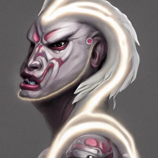 Image similar to A human-like creature with glowing white eyes and a powerful, thick neck. Ram-like horns protrude from it's head. Tribal bone jewelry decorates his features, concept art, artstation