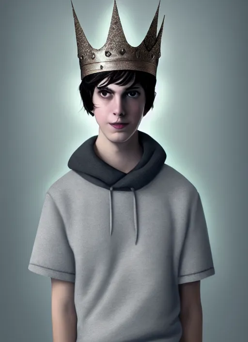 Image similar to portrait of teenage jughead jones wearing a light grey crown, photorealistic, crown made of felt fabric, crown, crown made of felt, black hair, intricate, elegant, highly detailed, digital painting, glowing lights, artstation, concept art, smooth, sharp focus, illustration, art by wlop, mars ravelo and greg rutkowski