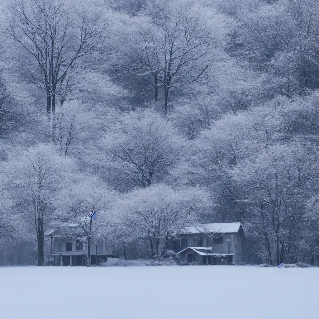 Prompt: landscape with house near forest and small pond, sunny winter evening, snowing, blizzard ambient, atmospheric, mystical, very detailed 4 k, professional photography