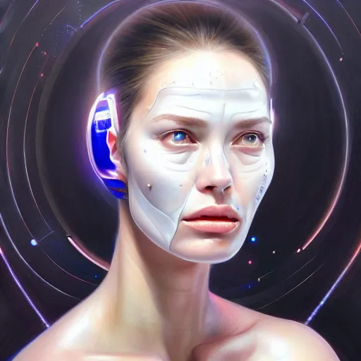 Image similar to portrait of a scarred very beautiful woman with a large obvious scar across her cheek and lips, very very beautiful, wearing futuristic interstellar spacesuit, Alexandria's genesis, chin-length hair, bored, illustration, soft lighting, soft details, hyper realism, high detailed, painting oil on canvas by mark arian by artgerm, trending on artstation, 4k, 8k, HD