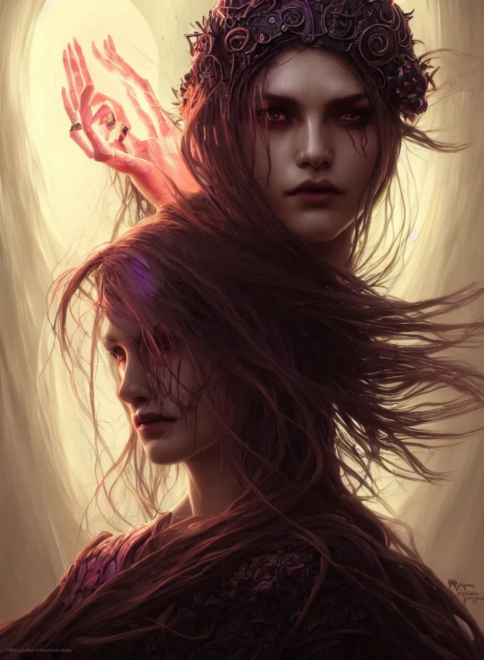 Image similar to Necromancer Sorceress face close-up macro in center, fantasy magic, undercut hairstyle, dark light night, intricate, elegant, sharp focus, illustration, highly detailed, digital painting, concept art, matte, art by WLOP and Artgerm and Greg Rutkowski and Alphonse Mucha, masterpiece