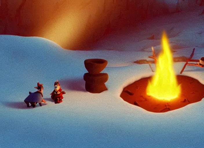 Image similar to tiny smoldering campfire glowing in a stark minimalist frozen creek snowdrift landscape from mulan ( 1 9 9 8 )