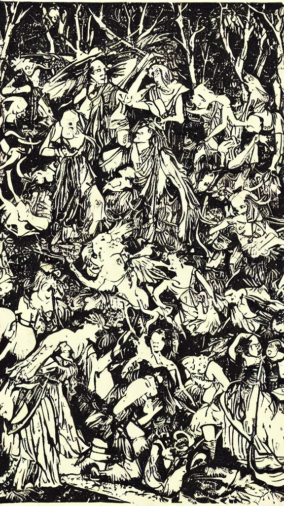 Prompt: a pagan folklore scene, woodblock print by daniel greiner