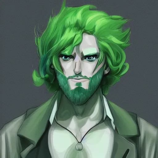 Image similar to Concept art of a man with green hair, trending on artstation, anime, art style of Mad House