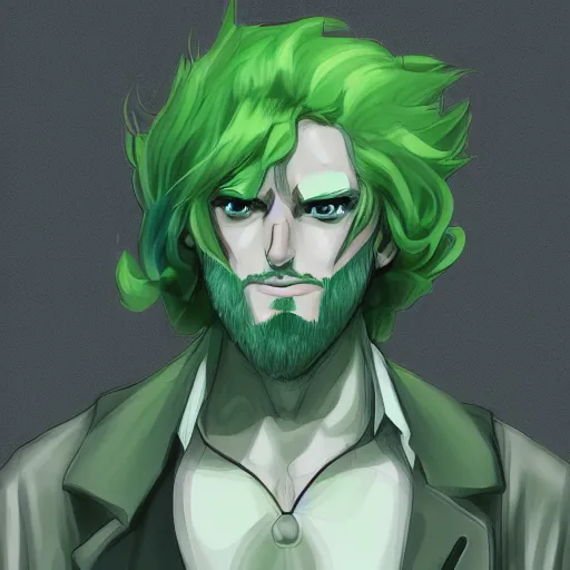 Prompt: Concept art of a man with green hair, trending on artstation, anime, art style of Mad House