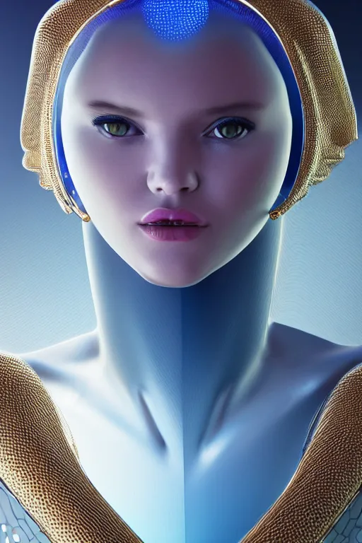 Image similar to detailed portrait glam cyber noun, attractive feminine curves, intricated, scifi, futuristic, elegant cape, year 2 1 0 0, elegant, alien room background, white, blue, pink, gold, photorealism, trending on artstation, holy machine, advanced technology, art by moebius and vitaly bulgarov and chanthara