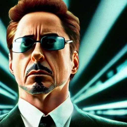 Image similar to Robert Downey Jr in matrix, 8k ultra hd, hyper detailed