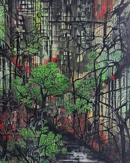 Image similar to abandoned overgrown city, acrylic