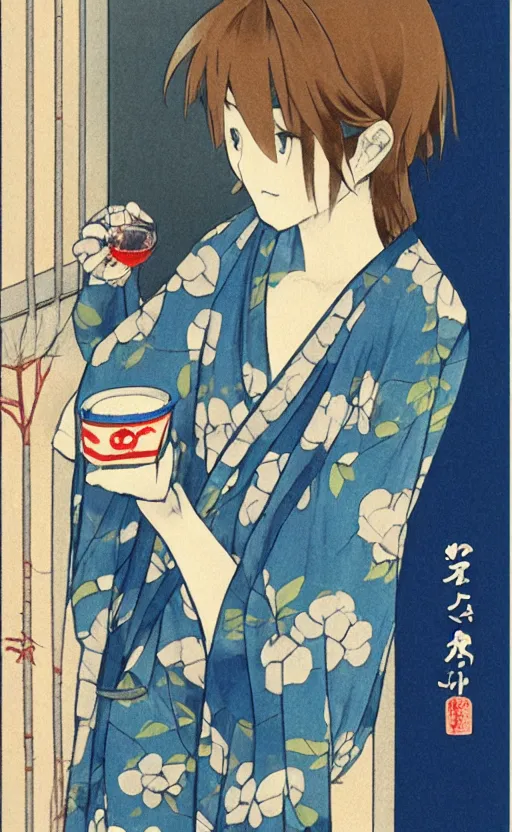 Prompt: by akio watanabe, manga art, alone girl is drinking sake while looking outside of window, blue cup, trading card front, kimono, realistic anatomy, sun in the background