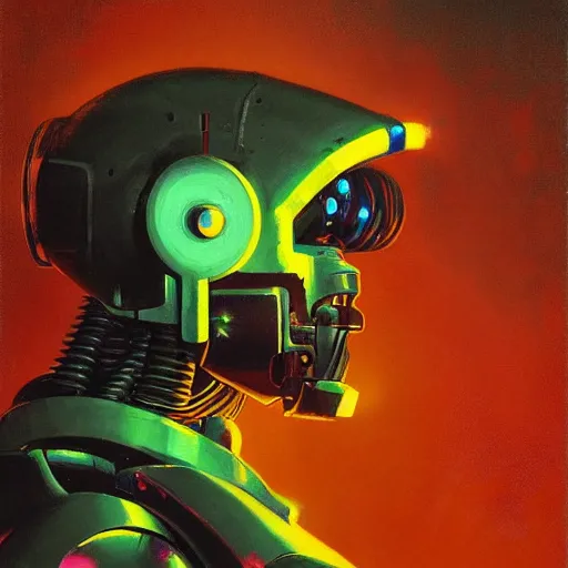 Image similar to a dark and colorful close - up side profile portrait of a sci - fi mecha robot with led lights glowing fog in the background. highly detailed science fiction painting by norman rockwell, frank frazetta, and syd mead. rich colors, high contrast, gloomy atmosphere, dark background. trending on artstation