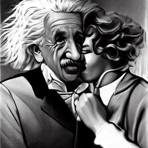 Image similar to Marylin Monroe kissing Albert Einstein, hyper realism, accurate, 3d