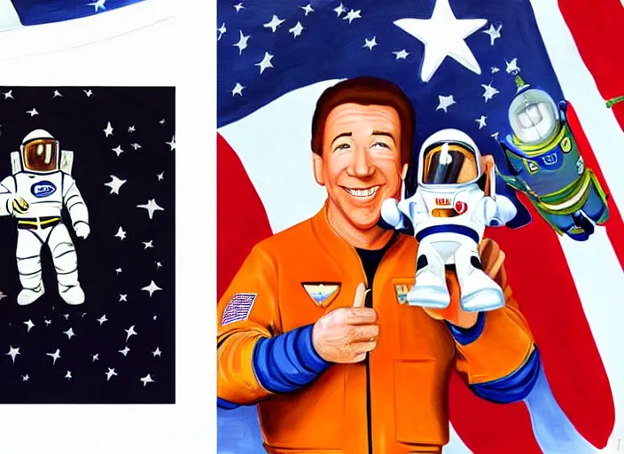 Image similar to painting of tim allen in a nasa space suit with a buzz lightyear doll in his hand in front of an american flag