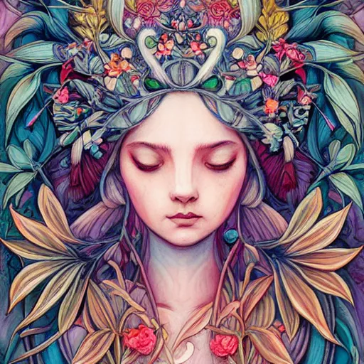 Image similar to goddess of plant medicine art by james jean and art by loish highly detailed painting trending on arstation vivid colors earth spirit