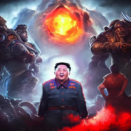 Image similar to portrait of kim - jong un as a spellcaster, league of legends amazing splashscreen artwork, gears of war, propaganda, sovjet, splash art, natural light, elegant, photorealistic facial features, intricate, fantasy, detailed face, atmospheric lighting, anamorphic lens flare, cinematic lighting, league of legends splash art, hd wallpaper, ultra high details by greg rutkowski